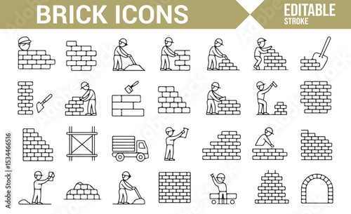Modern icons representing the bricklaying process, masonry tools, and home construction workers.