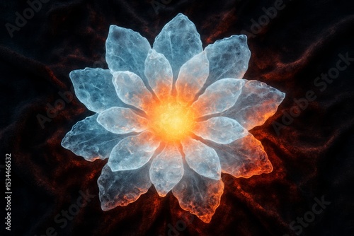  glowing, crystalline lotus flower with an intense orange-red core, set against a dark, fiery background. This image evokes concepts of spirituality, energy, balance, and inner light.