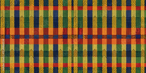 Vibrant multicolored textile pattern with geometric shapes and stripes.