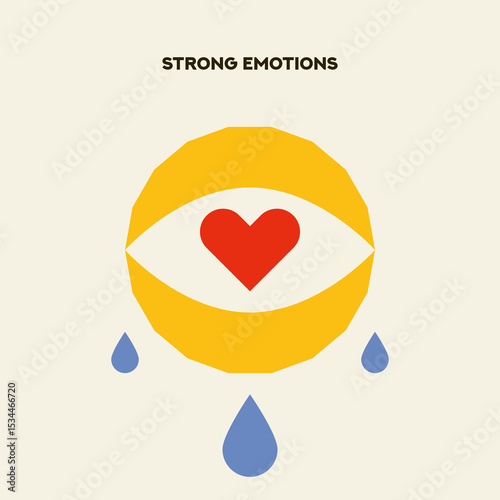 Eye flat vector illustration with Tears and Heart. Eye symbol. Heart symbol. Cartoon Eyeball. 