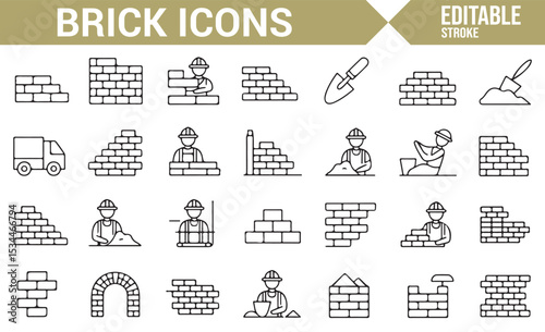 Bricklaying tools and construction icons showing workers, brick walls, arches, and materials.