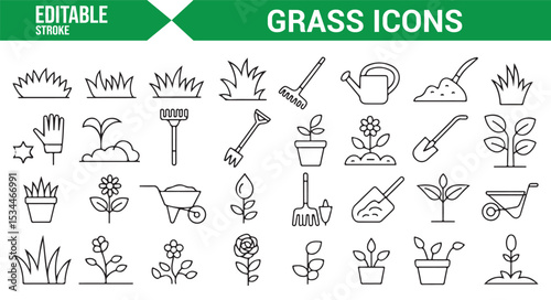 Collection of garden care and landscaping tools, including watering, rake, and pots