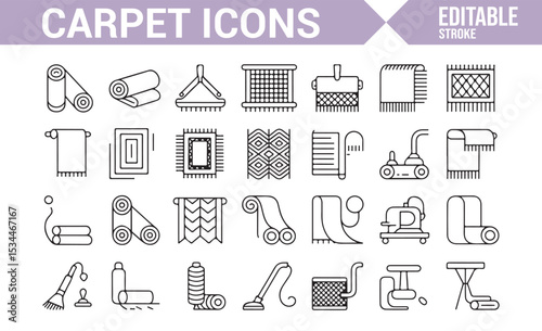 Vector icons for cleaning, home decor, and floor care tools related to carpets and rugs.

