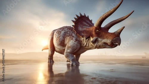 A triceratops stands in shallow water reflecting the sky The scene shows its textured skin horns and frill against a bright background A prehistoric animal walks