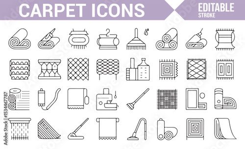 Set of vector icons for cleaning services, featuring rugs, mats, and cleaning equipment.