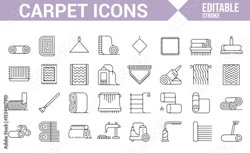 Modern icons for carpet care, home cleaning, and floor maintenance tools and equipment.