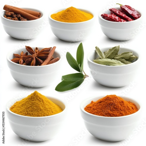 Various colorful spices and herbs including cinnamon, turmeric, dried chili, star anise, sage, and powdered blends in white bowls on a white background.