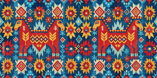 Colorful textile pattern featuring decorative animals and floral motifs
