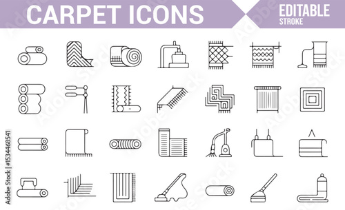 Set of carpet care icons featuring rolled carpets, cleaning tools, and home decor elements.