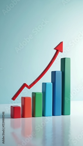 Colorful 3D bar chart with upward red arrow. Financial growth, business success, stock market increase concept. Representing profit, investment, financial trends, positive business dynamics. Perfect Free Download Colorful 3D bar chart with upward red arrow. Financial growth, business success, stock market increase concept. Representing profit, investment, financial trends, positive business dynamics. Perfect - GFXLoad