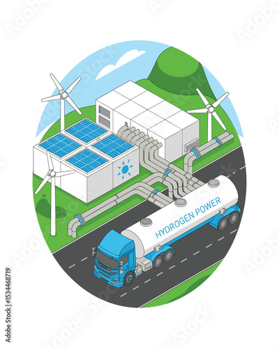 Hydrogen Power Infrastructure: Wind Turbines, Solar Panels, and Hydrogen Truck Illustration