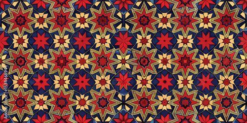 A vibrant geometric pattern featuring red, navy, and gold stars.