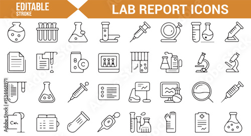 Collection of laboratory icons for report writing, featuring microscopes, syringes, test tubes, and analysis tools.