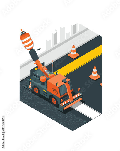 Isometric Road Marking Machine with Cones Illustration for Construction Project