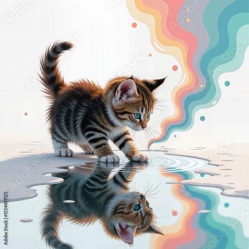 A curious tabby kitten gazes at its reflection in a pool of water, surrounded by abstract, colorful swirls 