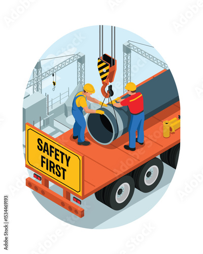 Construction Workers Loading Pipe with Crane, Emphasizing Safety First on Sign