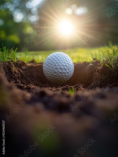 A cinematic shot from inside a dirt hole, looking up at a white golf ball hovering near the rim, overexposed sunlight highlighting the inner texture of soil and grass