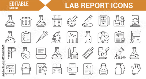 Icons for laboratory reports, featuring scientific equipment, test tubes, syringes, microscopes, and analysis tools for educational projects.