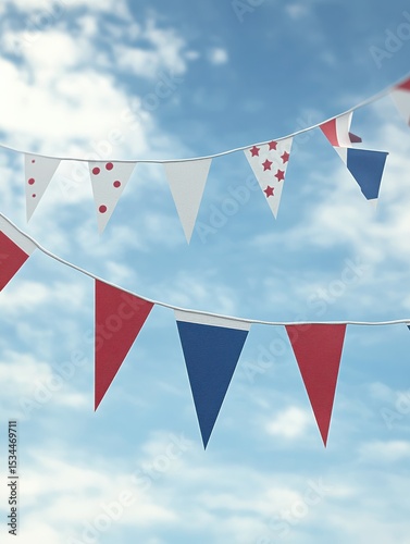 Red, white and blue party flags strung on a line convey a festive spirit, perfect for celebrations.