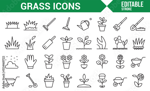 A set of nature and garden care icons featuring plants, grass, and gardening tools.
