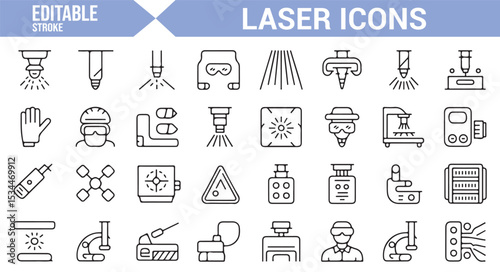 Laser equipment and technology icons, including laser cutting, medical instruments, and safety protection gear for industry.