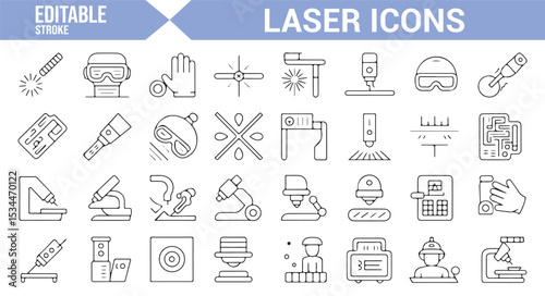 Set of laser-related icons, including medical tools, lasers, and safety equipment for health and technology industries.