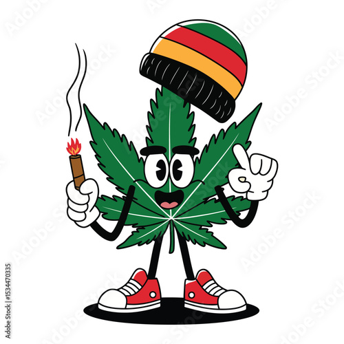 A playful cartoon depiction of a cannabis leaf character, standing upright with a relaxed and confident posture