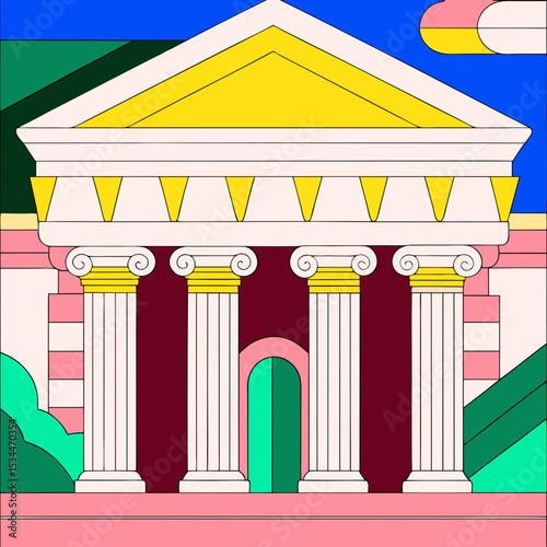 Classical courthouse facade with pillars and triangle top