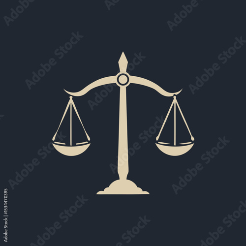 Ultra-clean justice scale icon with symmetrical bowls and center beam, gold-line vector over dark navy