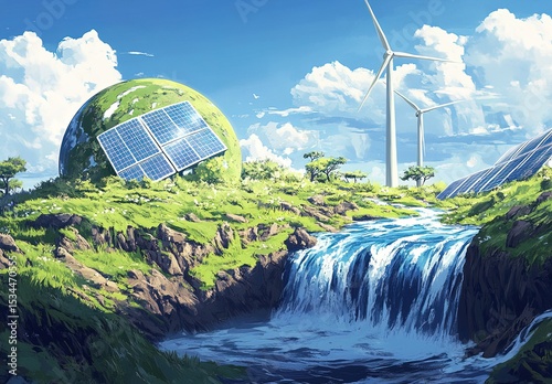 An earth with green grass, water flowing from the right side of it, and solar panels on top of it. In front, there is an illustration of wind turbines against a blue sky.