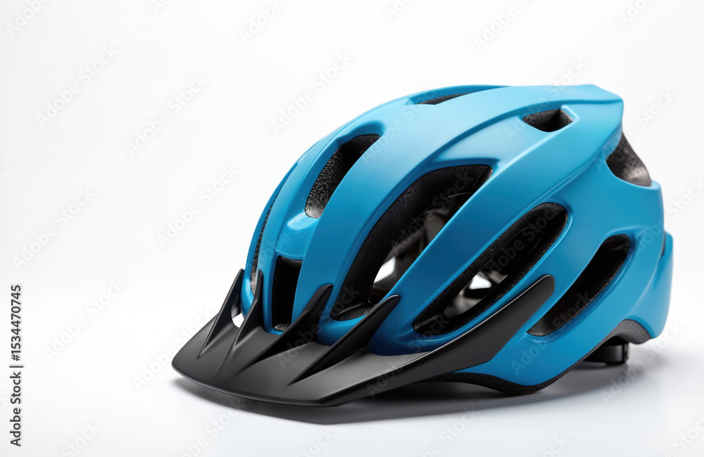Blue bike helmet on white background. Protective headgear for cycling, mountain biking, road biking. Sport activity safety equipment. Modern design with visor, ventilated, isolated. Blue bike helmet on white background. Protective headgear for cycling, mountain biking, road biking. Sport activity safety equipment. Modern design with visor, ventilated, isolated.