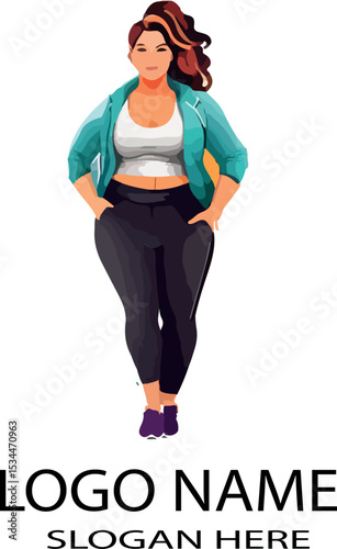 Plus size woman wearing athletic workout attire logo icon vector white background .