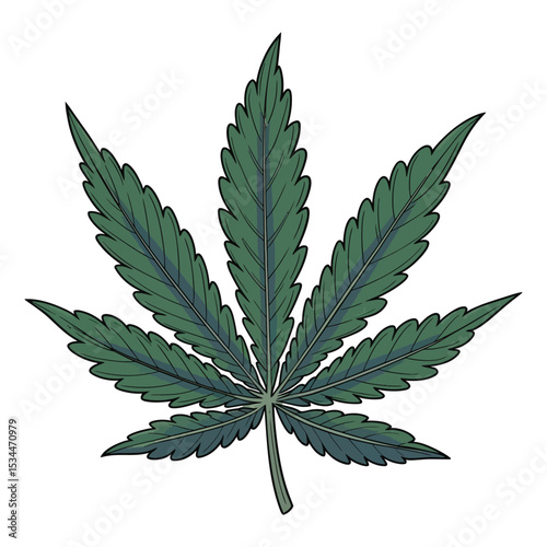 A detailed illustration of a cannabis leaf, shown with exaggerated, stylized features in a cartoon-like manner.
