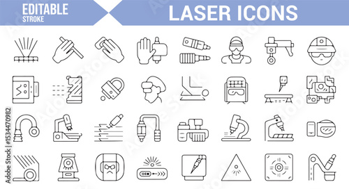 Set of laser technology icons featuring lasers, medical tools, microscopes, and protective equipment for industrial and healthcare use.