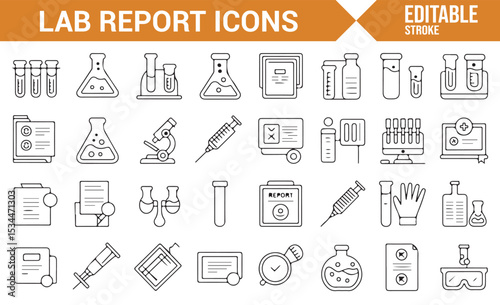 Laboratory-related icons including test tubes, lab reports, syringes, and research tools.