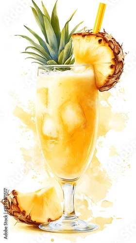 Pineapple Smoothie in Glass With Ice Cubes, Straw, Pineapple Piece on White