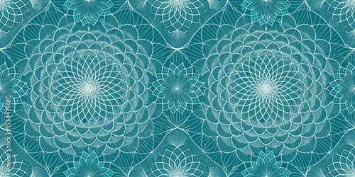 Intricate teal and white floral mandala design with detailed patterns.