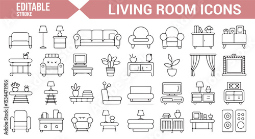 Simple vector icons of living room furniture and decor, such as chairs, couches, tables, and lamps for interior design.