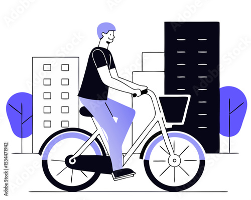 Happy Man Riding Rental Bicycle in Urban City, Eco Transport Active Leisure Cyclist Vector Illustration Flat Style Isolated White