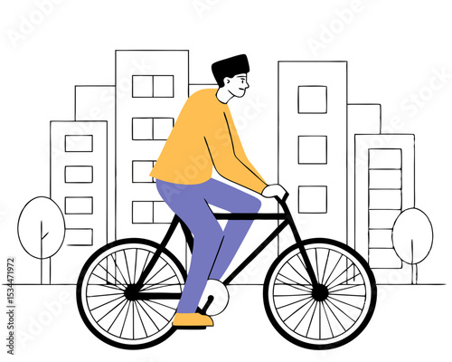 Happy Man Riding Rental Bicycle in Urban City, Eco Transport Active Leisure Cyclist Vector Illustration Flat Style Isolated White