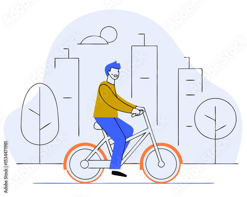 Happy Man Riding Rental Bicycle in Urban City, Eco Transport Active Leisure Cyclist Vector Illustration Flat Style Isolated White