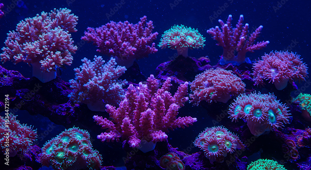 Fototapeta premium Vibrant Tropical Coral Reef Under Blue Light