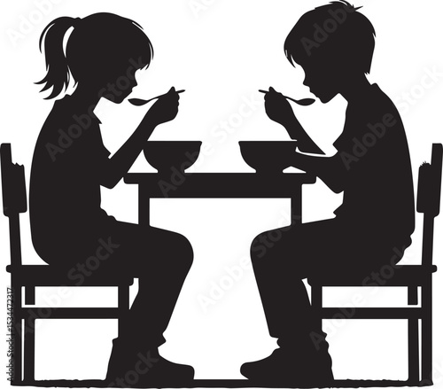 Silhouette of two children eating at a table with bowls and spoons in a simple black and white scene
