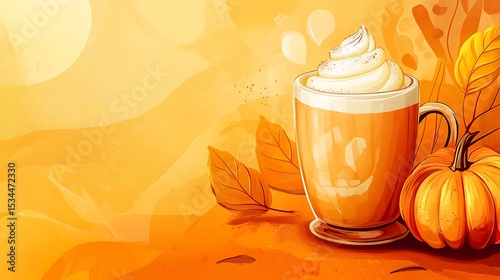 Pumpkin Spice Watercolor Art with Whipped Cream Topping and Autumn Leaves
