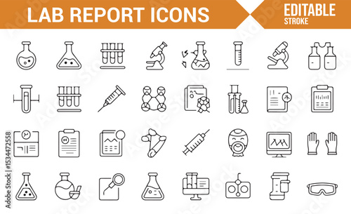 Set of laboratory icons depicting scientific tools, reports, and medical instruments.