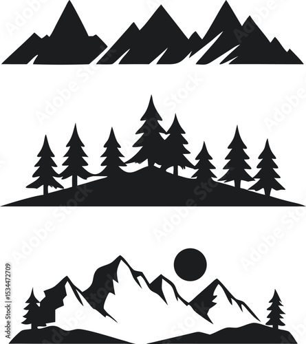 A stylized black and white illustration of a mountainous landscape, featuring several peaks of varying heights.