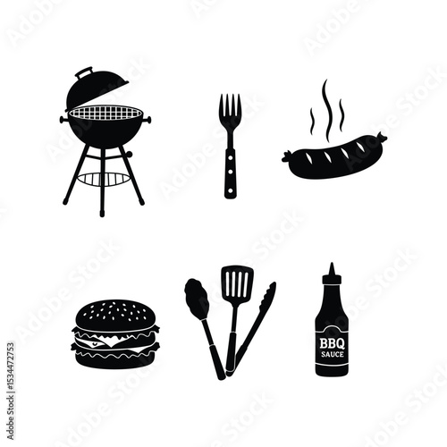 BBQ Silhouette Vector Elements Set – Grill, Spatula, Tongs, Burger, Hot Dog, Bottle, Barbecue Party Art


