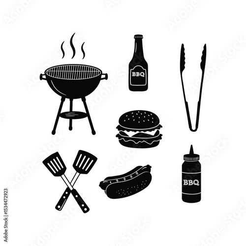 BBQ Silhouette Vector Elements Set – Grill, Spatula, Tongs, Burger, Hot Dog, Bottle, Barbecue Party Art

