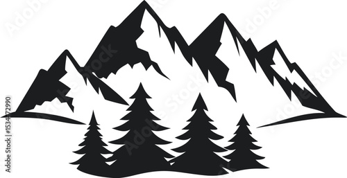 A stylized black and white illustration of a mountainous landscape, featuring several peaks of varying heights.