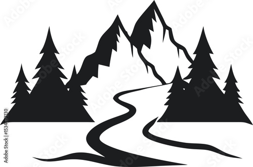 A stylized black and white illustration of a mountainous landscape, featuring several peaks of varying heights.
